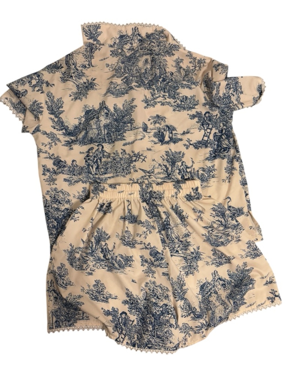 Cider Toile Print Pajama Set Cream Blue Size M Cottagecore Coquette Loungewear - Picture 2 of 6